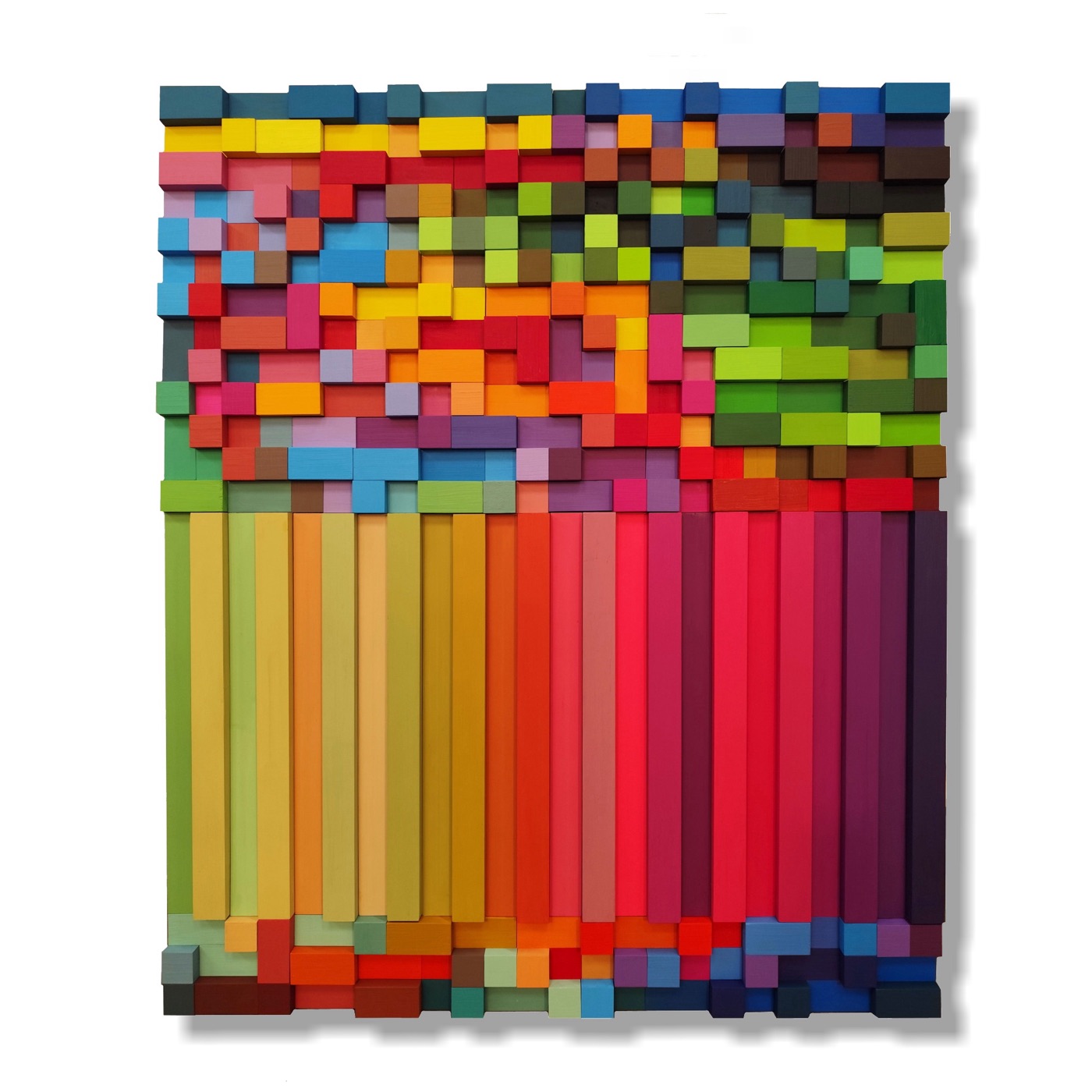 Obra Jungla de Eva Menezz, relieve de madera pintada en colores